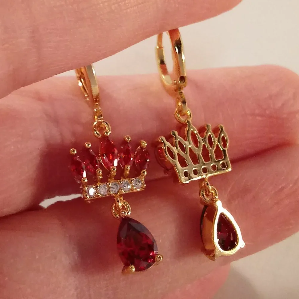 18K Yellow Gold Filled Crown Ruby Red Diamond Zircon Dangle Earrings Gorgeous